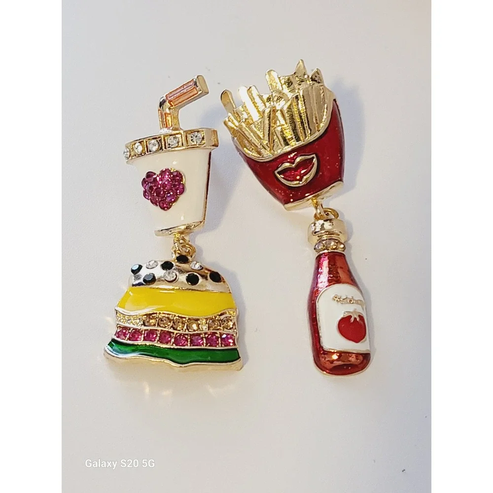 Fast Food Burger Fries Soda Ketchup Mismatched Enamel Rhinestone Drop Earrings